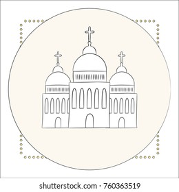 Vector church, temple, chapel with domes and crosses. Religion is Christianity, Baptism. Isolated object on white background. An illustration painted by hands, hand draw. Style doodle.