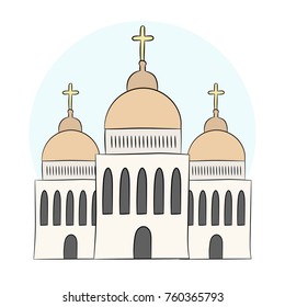 Vector church, temple, chapel with domes and crosses. Religion is Christianity, Baptism. Isolated object on white background. An illustration painted by hands, hand draw. Style doodle.