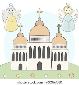 Vector church, temple, chapel with domes and crosses. Religion is Christianity, Baptism. Beautiful building on a background of nature. An illustration painted by hands, hand draw. Style doodle.