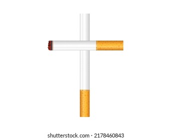 Vector cigarette cross symbol, isolated on white background. Smoke kills poster. Bad habit, realistic illustration. Cigare with smoke filter. Stop second hand smoke. Religion help with addiction