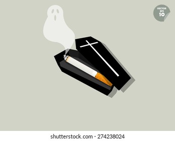 vector of cigarette is inside of coffin and ghost smoke, cigarette effect concept