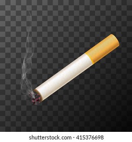 Vector cigarette with white smoke on transparent background
