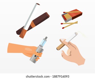 Vector of cigarettes, matches, a hand holding e-cigar and a cigarette