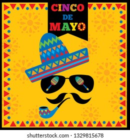 Vector of Cinco de mayo design with  sombrero sunglasses and pipe on mexican pattern background.