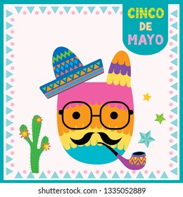 Vector of Cinco de mayo design with  pinata put on sombrero and pipe on pattern frame.