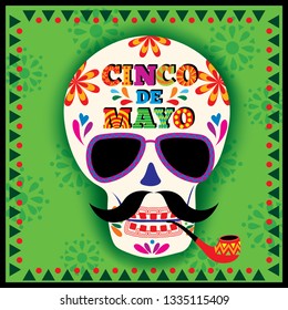 Vector of Cinco de mayo design with  skull put on sunglasses and pipe on mexican pattern background.