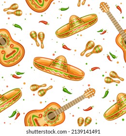 Vector Cinco de Mayo seamless pattern, square repeating background with set of cut out illustrations traditional mexican musical instruments, chili and jalapeno on white background for cinco de mayo