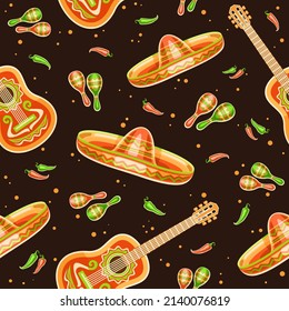Vector Cinco de Mayo seamless pattern, square repeating background with set of cut out illustrations traditional mexican musical instruments, chili and jalapeno on black background for cinco de mayo