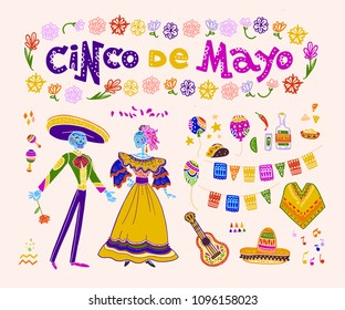 Vector cinco de mayo set of mexico traditional elements, symbols & skeleton characters in flat hand drawn style isolated on white background. Mexican celebration, national patterns & decorations, food