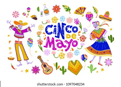 Vector cinco de mayo set of mexico traditional elements, symbols & skeleton characters in flat hand drawn style isolated on white background. Mexican celebration, national patterns & decorations, food