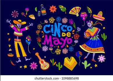 Vector cinco de mayo set of mexico traditional elements, symbols & skeleton characters in flat hand drawn style isolated on dark background. Mexican celebration, national patterns & decorations, food.