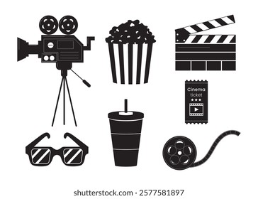 Vector cinema black silhouette elements set. Popcorn basket, vintage video camera, 3d glasses, clapperboard, montagetape, ticket, drink isolated. Collection icon cinematography for movie maker.