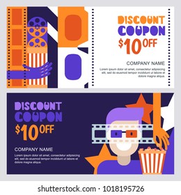 Vector cinema discount coupon or voucher template. Design elements for movie flyer, entrance ticket or banner. Man in 3d glasses and popcorn illustration. Entertainment concept.