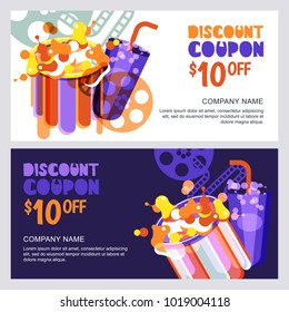 Vector cinema discount coupon or voucher template. Design elements for movie flyer, entrance ticket or banner. Popcorn and drink flat illustration. Entertainment concept.