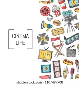 Vector cinema doodle icons background with place for text illustration