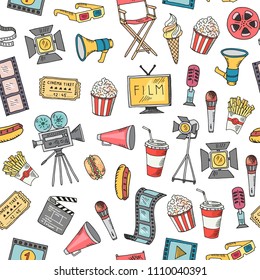 Vector cinema doodle icons background or pattern illustration. Entertainment background movie, cinematography video and clapperboard