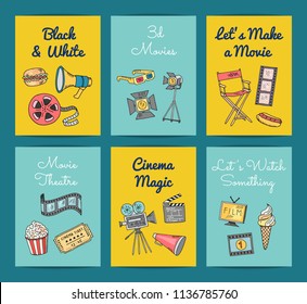 Vector cinema doodle icons card and banners templates set illustration