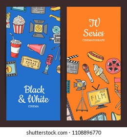 Vector cinema doodle icons illustration. Set of colored banners or poster