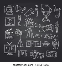 Vector Cinema Doodle Icons On Black Chalkboard Illustration. Film Entertainment Drawing, Media Cinematography