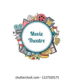 Vector cinema doodle icons under circle with place for text illustration
