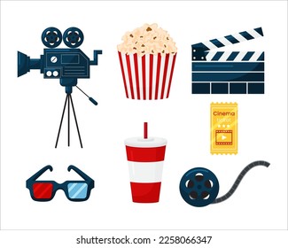 Vector cinema elements set. Popcorn basket, vintage video camera, 3d glasses, clapperboard, montagetape, ticket, drink isolated on white background. Collection icon cinematography for movie maker.