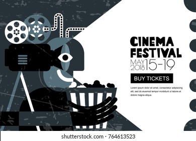 Vector cinema festival black white poster, flyer background. Abstract sale tickets banner background. Movie time and entertainment concept. Man with popcorn and camera, trendy flat illustration.