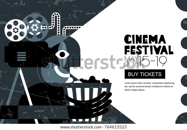 チラシの背景にベクター映画祭の黒い白いポスター 抽象的な販売チケットのバナー背景 映画の時間とエンターテイメントのコンセプト ポップコーンとカメラを持つ男性 トレンディーな平らなイラスト のベクター画像素材 ロイヤリティフリー