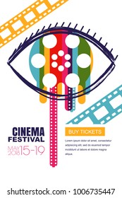 Vector cinema festival poster, banner background. Human eye with colorful liquid film reel in pupil. Sale cinema theatre tickets, movie time, media, watching video tv and entertainment concept.