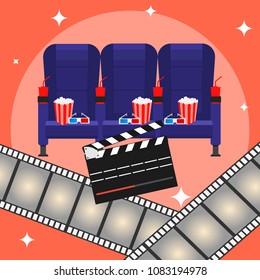 Vector cinema festival poster, banner background. Elements of the film industry. Flat design, vector.