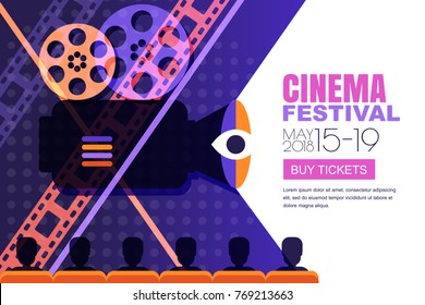 Vector cinema festival poster, banner background. People audience sitting in the cinema hall and watching film on screen. Sale cinema theatre tickets, movie time and entertainment concept.