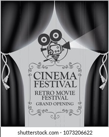 Vector cinema festival poster with black Curtains and projector lights. Movie background with words cinema retro movie grand opening. Can used for banner, poster, web page, background