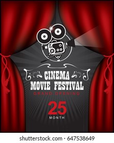 Vector cinema festival poster with Red Curtains and projector lights. Movie background with words cinema movie festival grand opening. Can used for banner, poster, web page, background