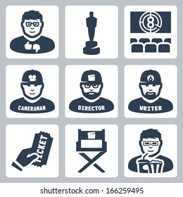 Vector Cinema And Filmmaking Icons Set: Critic, Award, Movie Theater, Cameraman, Director, Script Writer, Ticket, Director Chair, Moviegoer