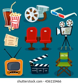 Vector cinema icons in cartoon flat style.Illustration of movie clapper,popcorn,film strip,ticket,camera,chair director. Films  element