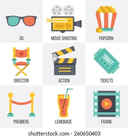 Vector cinema icons set. Flat design. Isolated on white background. Set 12. 