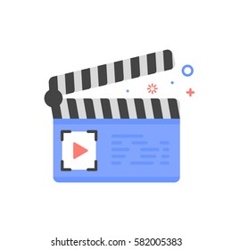 Vector cinema illustration of clapper board icon in flat linear style. Graphic design concept of filming and cinema. Outline object. Use in Web Project and Applications.