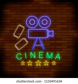 Vector Cinema Light Neon Sign on Brick Background. Colored Signboard. Bright Street Banner.