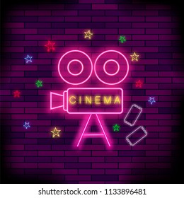 Vector Cinema Light Neon Sign on Brick Background. Colored Signboard. Bright Street Banner.