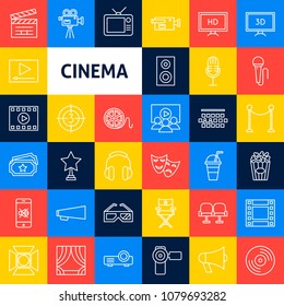 Vector Cinema Line Icons. Thin Outline Movie Symbols over Colorful Squares.