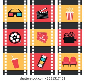 Ícones de filme de cinema vetorial no plano de fundo de tiras de filme. Óculos 3D, clapperboard, pipoca, câmera de vídeo, rolo de filme, ingressos de cinema, refrigerante, cadeiras