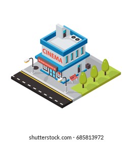 Vector cinema movie theater isometric buildings isolated