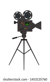 Vector cinema projector on tripod, movie camera in cartoon flat style. Cinematography equipment, film making object.