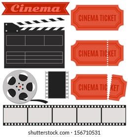 Vector cinema set in retro style with cinema ticket, clapper board, film