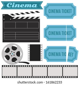 Vector cinema set in retro style with cinema ticket, clapper board, film - blue color