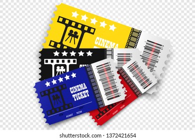 Vector cinema tickets isolated on transparent background. Realistic cinema entrance ticket.