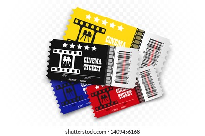 Vector cinema tickets isolated on transparent background. Realistic cinema entrance ticket. 