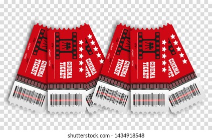 Vector cinema tickets isolated on transparent background. Realistic cinema entrance ticket.