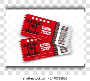 Vector cinema tickets isolated on transparent background. Realistic cinema entrance ticket.