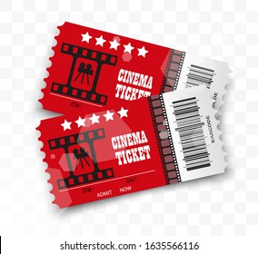 Vector cinema tickets isolated on transparent background. Realistic cinema entrance ticket.