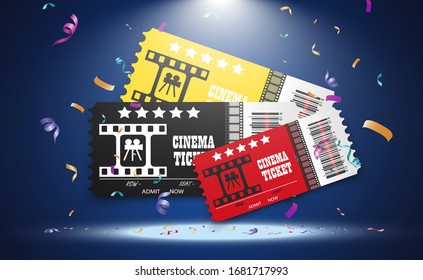 Vector cinema tickets isolated on transparent background. Realistic cinema entrance ticket.